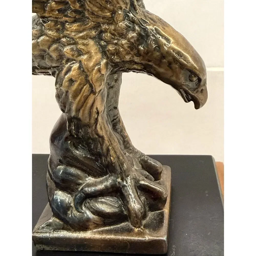 Vintage Antiqued Brass Signed‎ Eagle Sculpture on Base